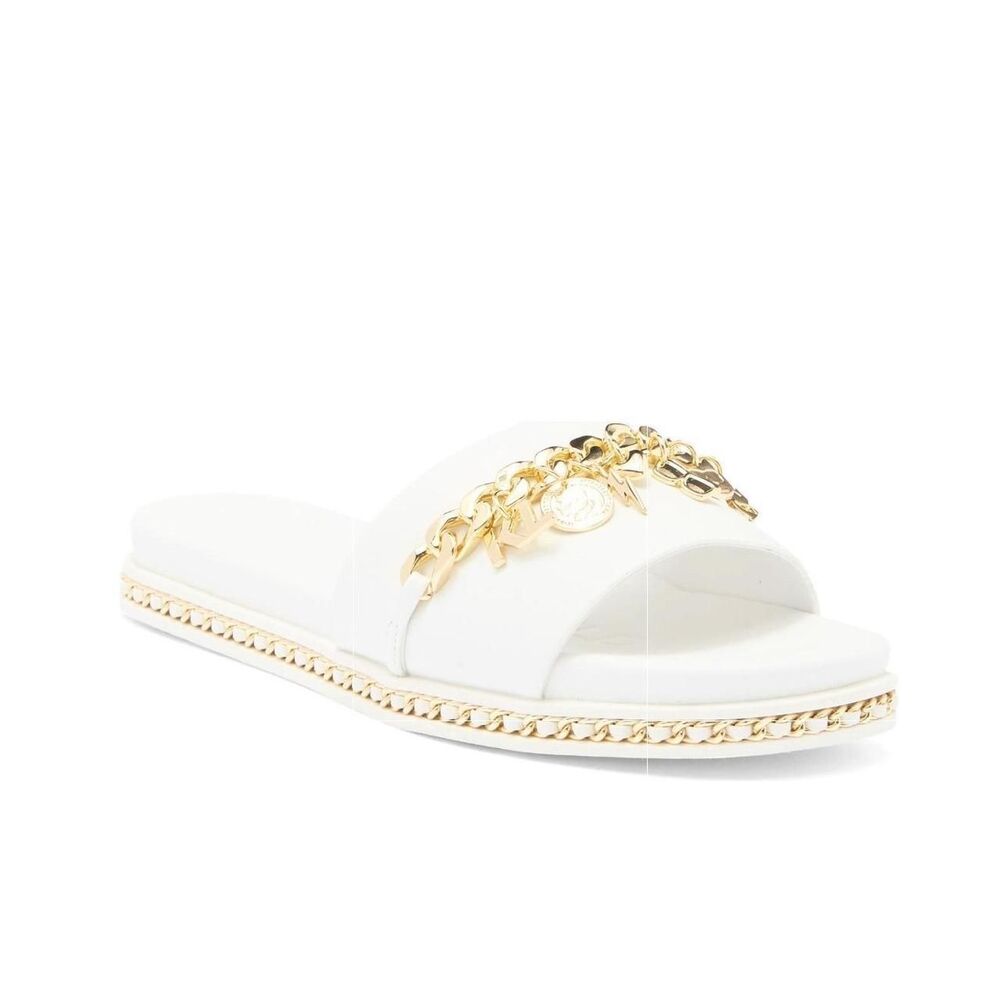 Karl Lagerfeld Paris Basia Charm White Gold Chain Slide Sandals 6.5